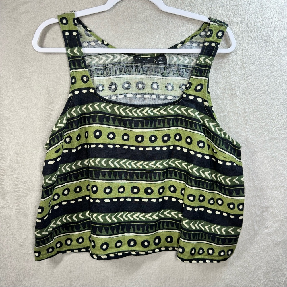 Tahari‎ 100% Linen Boxy Fit Tribal Print Cropped Tank Top Size XL Boho Festival